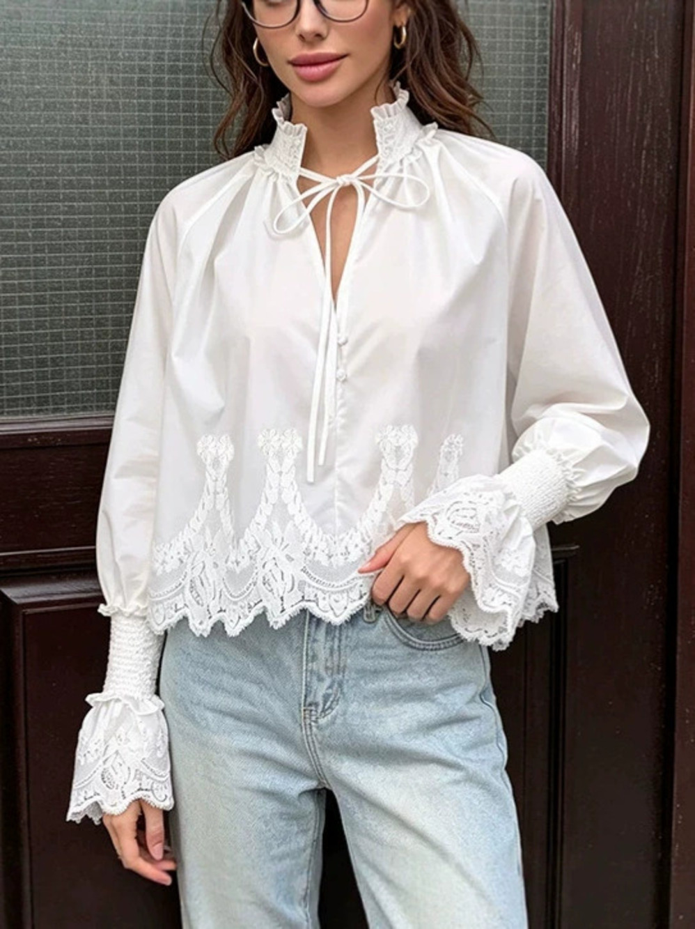 Zara Royal White Lace Flare Sleeve Blouse Autumn Loose Fit Collar
